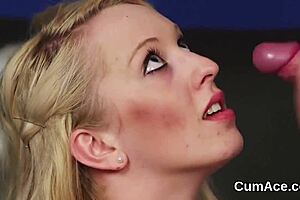 Naughty hottie swallows jizz load on her face