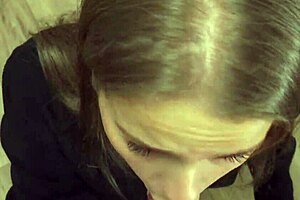 Blonde bride gives blowjob to big cock, deepthroat cum in mouth and on face at wedding.