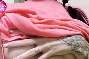 Intense babe masturbates fiercely, fingering her wet pussy in panties with tattooed body