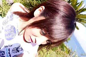 Petite Japanese step-sister lured into outdoor defloration on holiday.