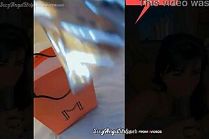 Hot latina tries on sexy outfits in public store fitting room, then gives BBC toy blowjob.