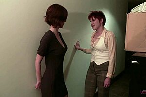 Rude Redhead Boss Dominates Submissive Lesbian Employee with Strapon, Kissing and Cunilingus