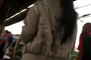 Hidden Nylon Ass in Jeans and Boots Caught on Train in Bold Street Action