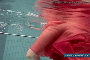 katya okuneva in red dress at the pool