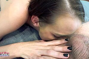 Busty Inked Brunette Shelly Sucks Boner, Swallows Cum.