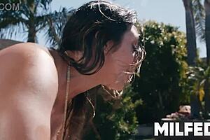 Caught milf neighbor sunbathing, intense fuck begins.