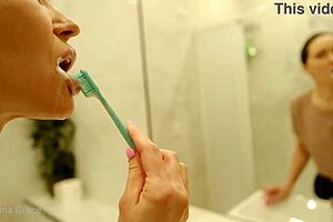 kristina's morning routine in the kitchen, feet sexy milf bathing brunette belly bedroom shower legs