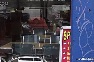 british lassie pisses her pants in front of everybody, masturbating publicly with shaved pussy