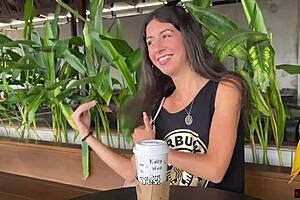 Teen babe gives blowjob in public toilet, drinks cum