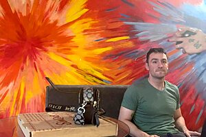 the hot latina with a small waist and muscular body fucks the white pizza delivery guy hard, her natural tits bouncing as she rides his interracial cock.