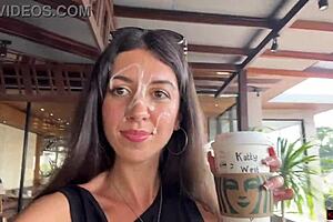 Teen babe gives blowjob in public toilet, drinks cum