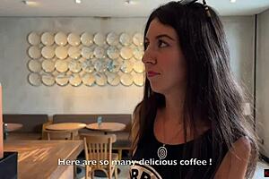 Teen babe gives blowjob in public toilet, drinks cum