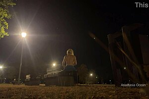 changing outfit in the public park at night, flashing those naked tits and pussy.