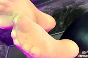 beautiful mistress feet and ass in flesh-colored pantyhose teasing you, are you ready