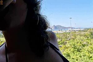 Man, huge cum load in her mouth with stunning view