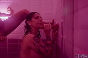 two italian lesbians shower together and suck my dick at the end