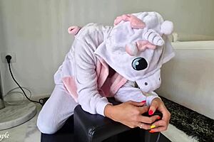 Milf in unicorn costume rides sybian machine for relaxation