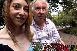 Man surprises skinny chick with old boyfriend watching outdoor