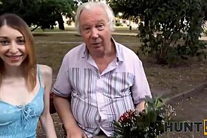 Man surprises skinny chick with old boyfriend watching outdoor