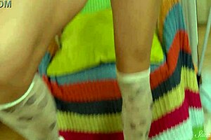 Tanned teen Ella stuffs her tight pussy with a big toy, fingering included.