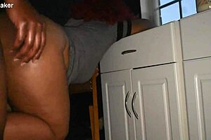 Tatted thick lightskin slut sneaks into laundry room to suck BBC and get fucked hard.