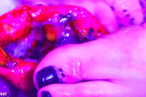 Bare toes crushing juicy fruit during solo masturbation.