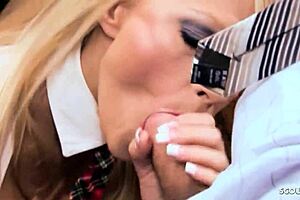 big tits blonde milf in uniform seduces teacher for quick classroom fuck