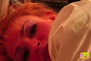 Two blonde lesbians lick and kiss while using dildos to orgasm