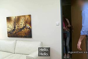 A small-tits brunette masturbates on the office sofa amid group banging