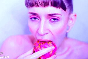 Bare toes crushing juicy fruit during solo masturbation.