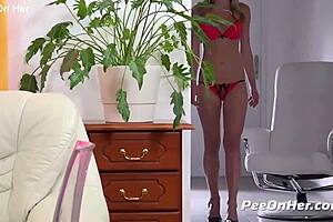 Filthy blonde gets piss fucked hard with blowjob and cum in mouth 😈