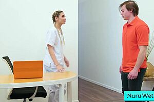 teen masseuse covers naked body in nuru gel and rubs against client