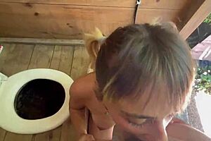 Toilet slut whore gets down with European babe in HOMEMADE BLOWJOB action.