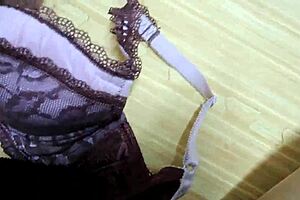 Cumshot on my step sisters pink leopard print bra with black lingerie