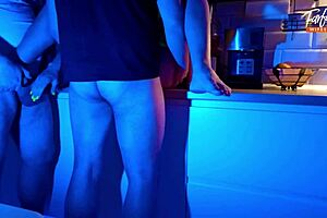 Wife Sucks Two Cocks in Neon Threesome! Facial Included