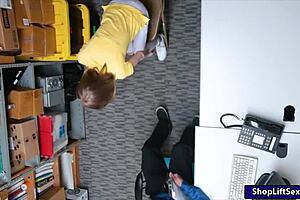 Caught skinny teen shoplifter with small tits giving blowjob then pounded by big cock in office