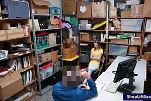 Caught skinny teen shoplifter with small tits giving blowjob then pounded by big cock in office