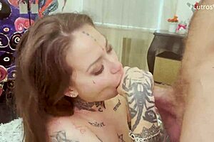 Mari Galore gives sensual sloppy blowjob with gagging and choking on monster cock