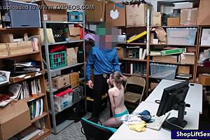 Caught skinny teen shoplifter with small tits giving blowjob then pounded by big cock in office