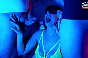 Wife Sucks Two Cocks in Neon Threesome! Facial Included