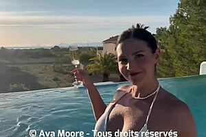 pretty brunette squirts in front of neighbors, sucks big cock for cum on tits