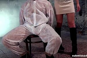 Bound Babe In Femdom Scene Wanks Monster Cock Until He Cums In CFNM Setting