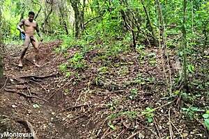 Exhibitionist in the forest teases with big tits for fans