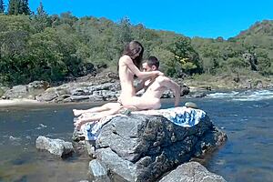 Me and my roommate had risky sex on the public beach and buss, huge double cumshot