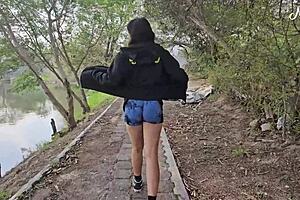 Latina Brunette Teases in Public Lake for Masturbation and Blowjob Reward