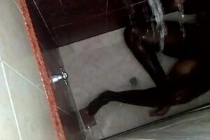 Girlfriend and friend spy on horny lesbian pussy play in bathroom shower