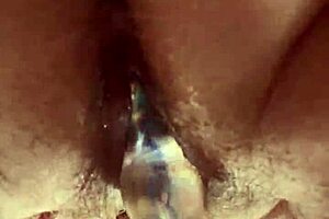 up close hairy pussy glass dildo masturbation with fat curvy solo fucking toys