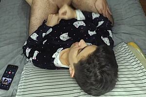 Handjob turns into cum mouthful before bedtime sleep. She swallows every drop with skill.