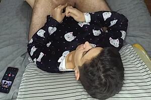 Handjob turns into cum mouthful before bedtime sleep. She swallows every drop with skill.