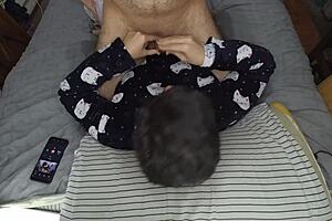 Handjob turns into cum mouthful before bedtime sleep. She swallows every drop with skill.